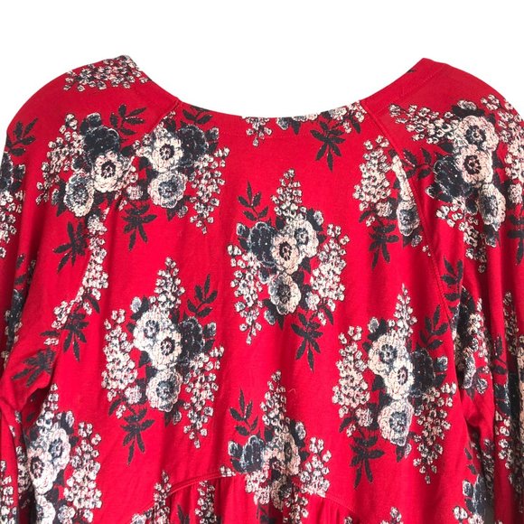 Free People Women's Blouse Size L Floral Red Bohemian Bell Sleeve Stretch - Picture 9 of 9
